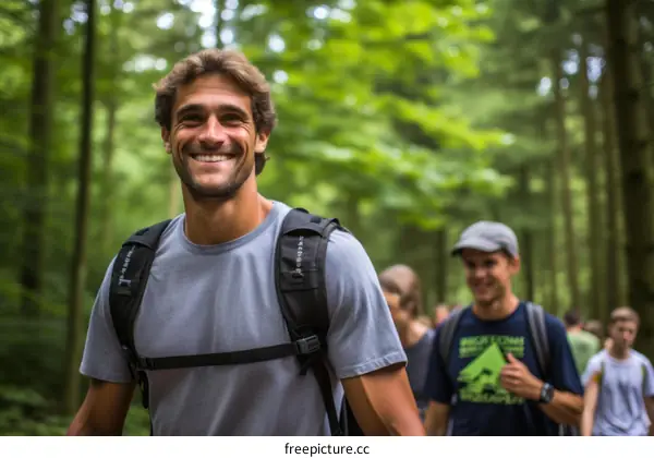 Happy group of diverse friends hiking in the woods together