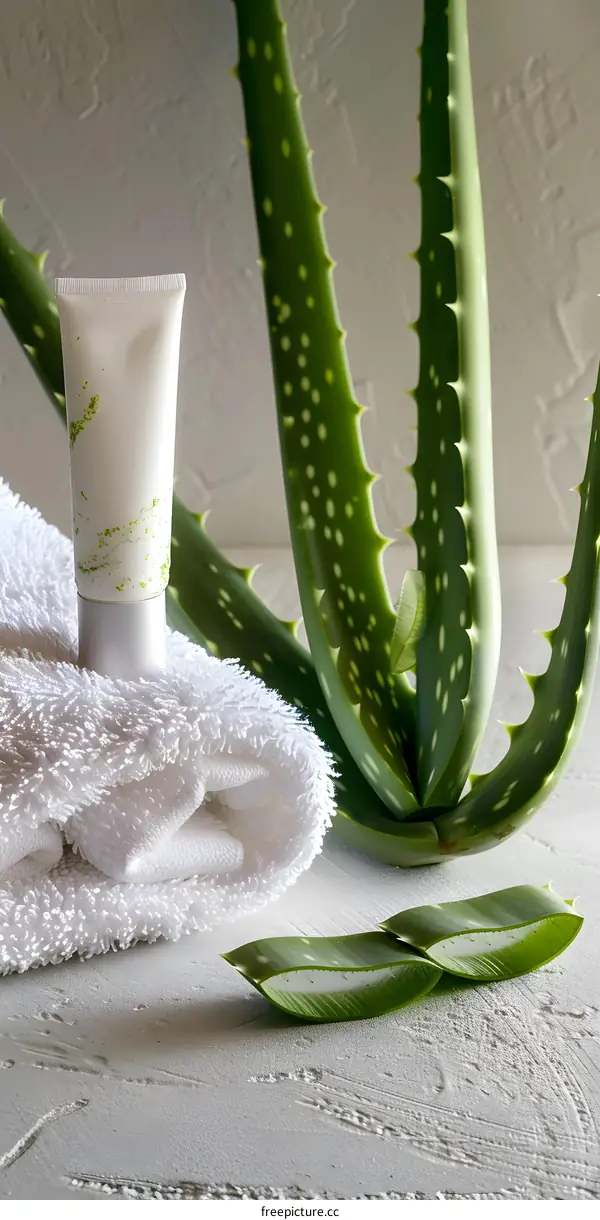 Aloe Vera Plant With White Cream Tube And Towel On White Background