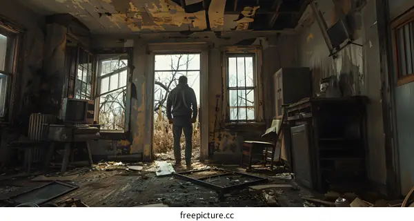 man standing in a room with a broken window