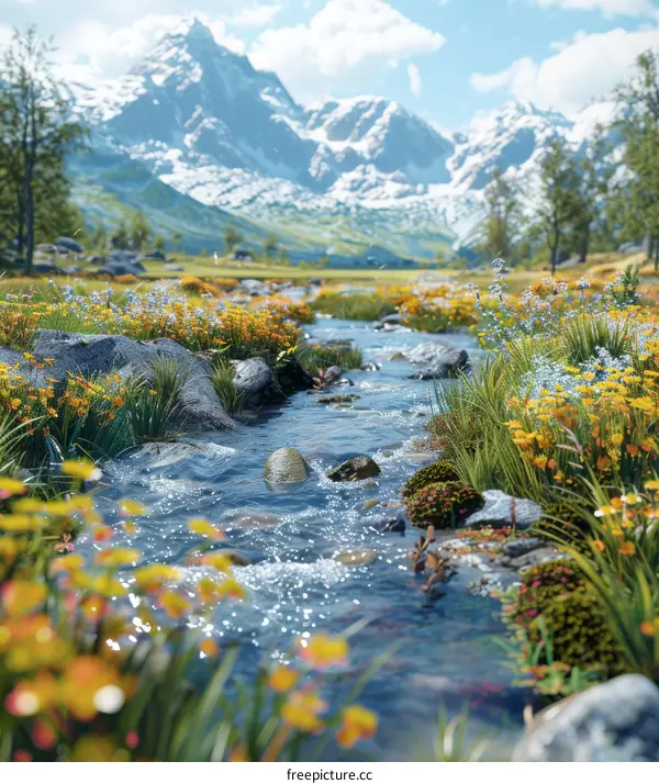 Mesmerizing River Flowing through a Tranquil Green Valley Bathed in Distant Mountain Snowfall