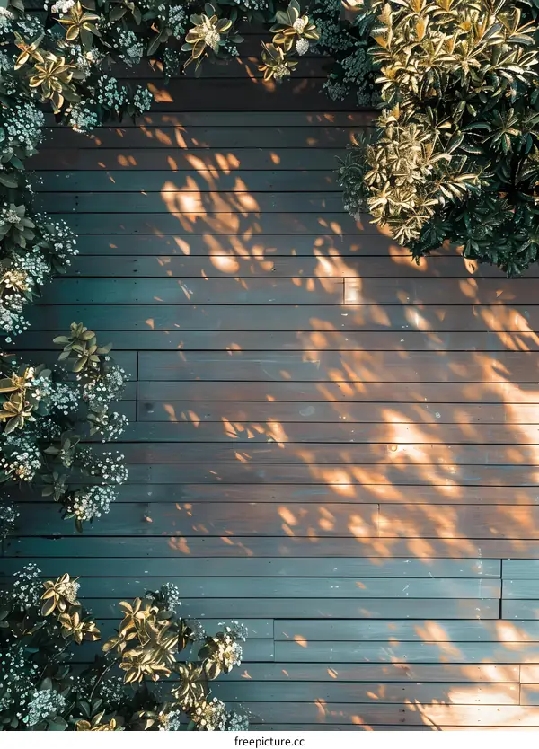 Wooden Deck with Sunlight and Green Plants