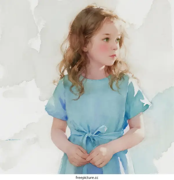 Little girl in blue dress with curly hair looking away