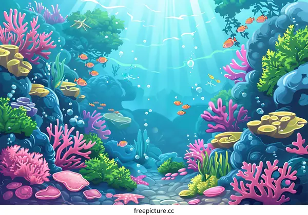 Underwater Coral Reef Scene with Colorful Fish and Sea Life