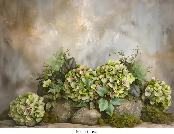 Green Hydrangea Flower Arrangement With Stones And Moss Background