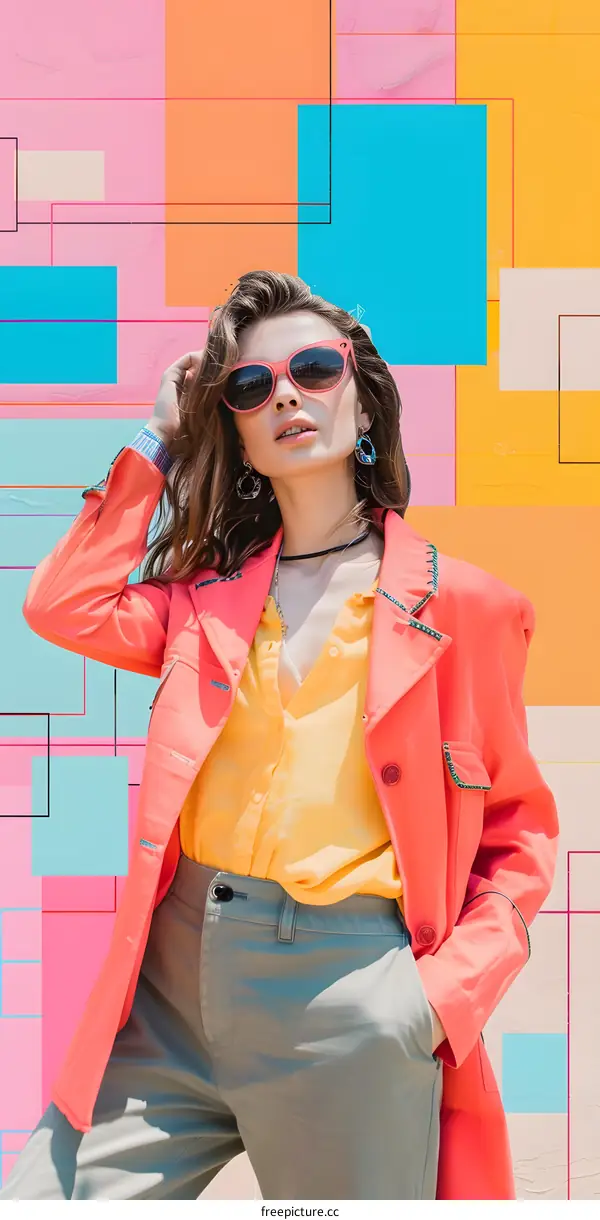 Woman in Pink Jacket and Sunglasses Posing in Front of Geometric Wall
