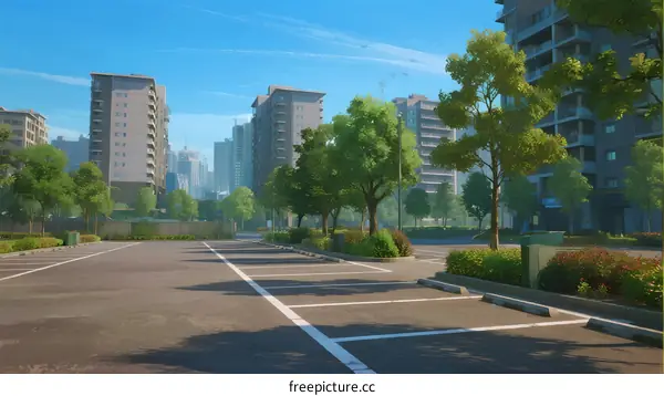 Empty parking lot with modern buildings and green trees in the background