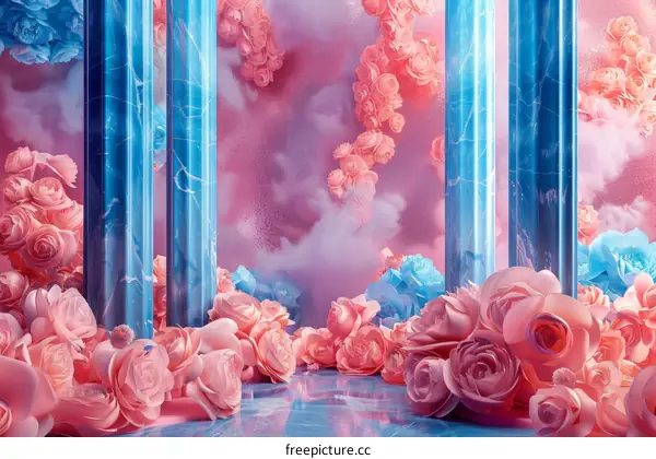 Pink and Blue Floral Stage with Marble Pillars