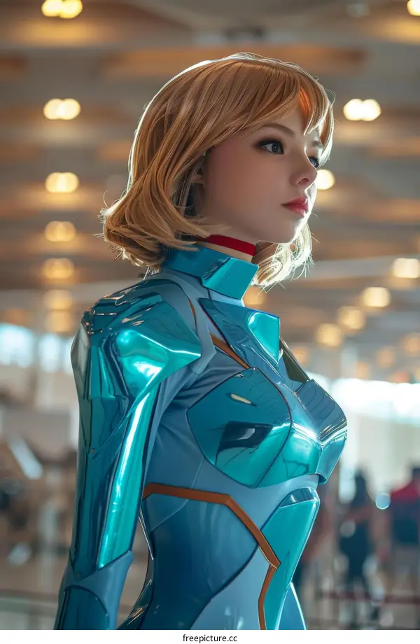 A photo of a young woman in a blue bodysuit