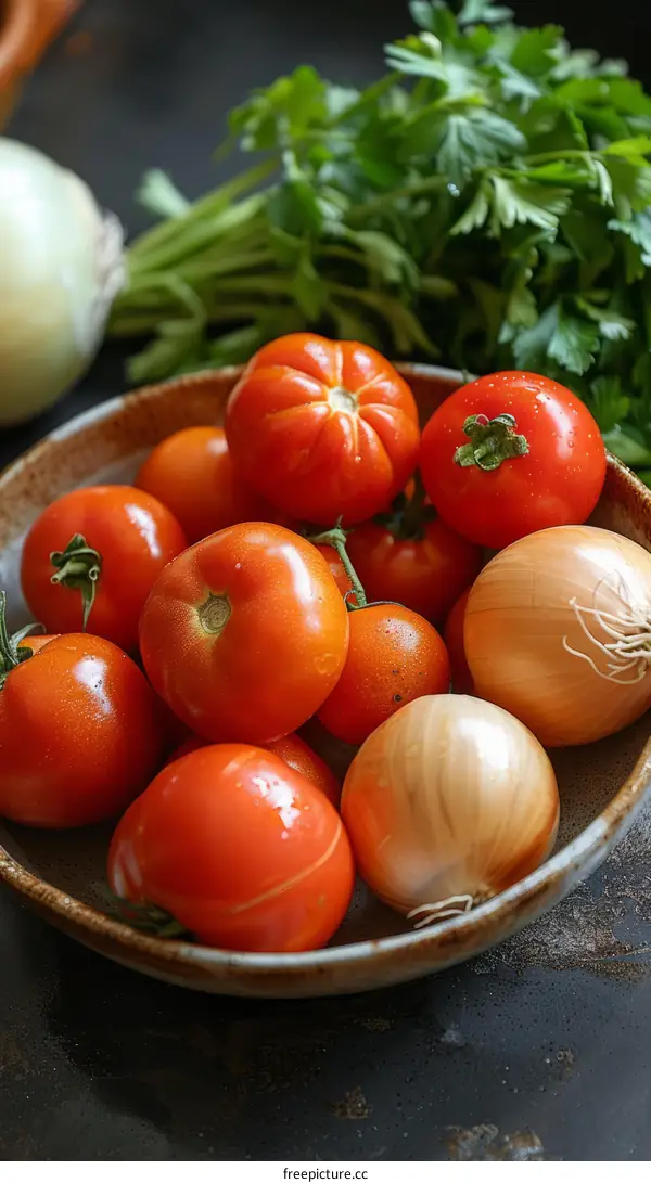 A bowl of tomatoes and onions