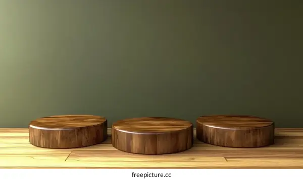 Three Wooden Display Stands Against a Olive Green Background