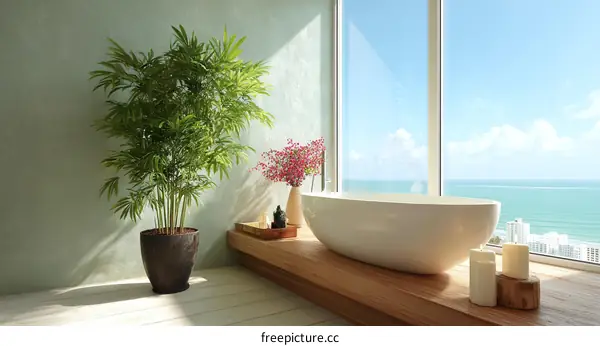 Modern Coastal Bathroom with Ocean View and Plant