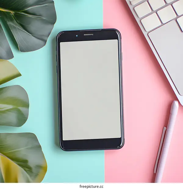 Black Smartphone on Pastel Pink and Blue Background