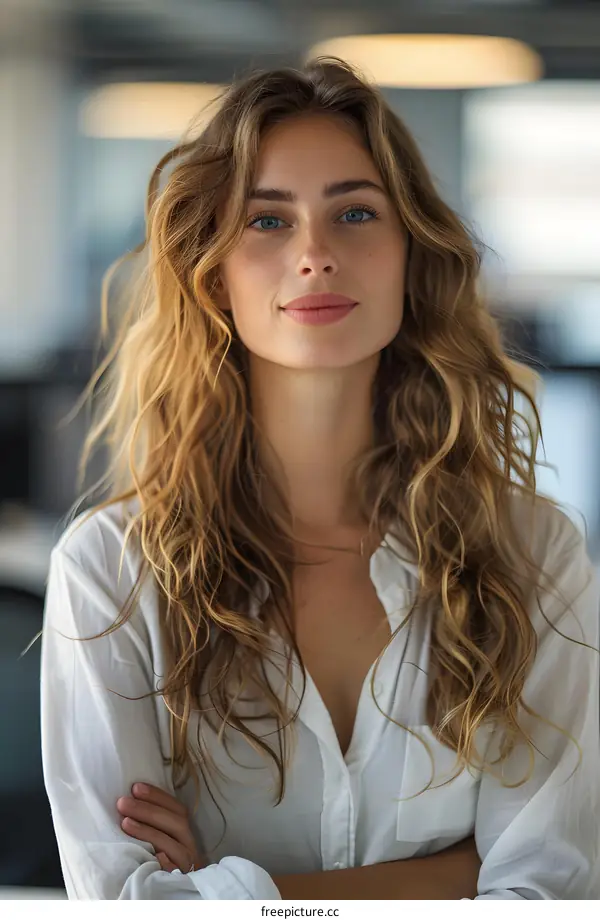portrait of a beautiful young woman with long blond hair wearing a white shirt