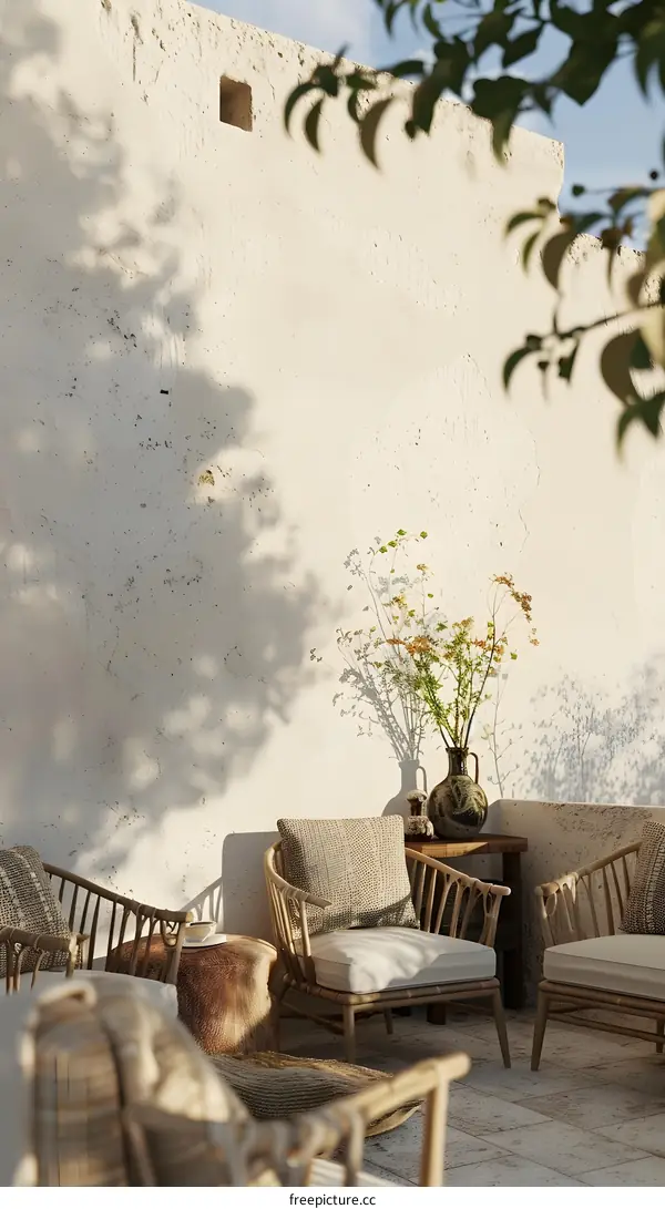 White Wall Patio With Wicker Chairs and Flowers in Vase