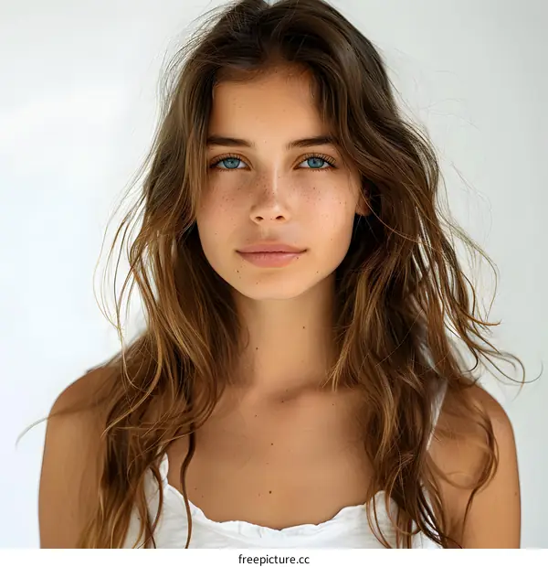 Portrait of a beautiful young woman with freckles and blue eyes