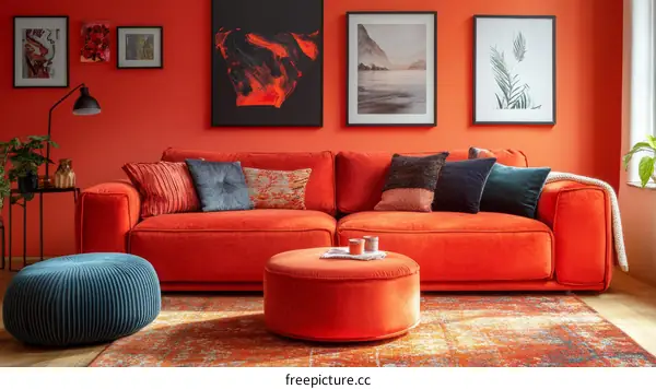 Modern Living Room with Orange Sofa and Decor