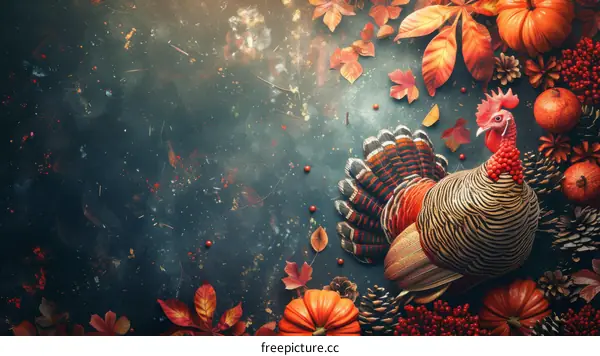 Thanksgiving background with turkey, pumpkins, and fall leaves