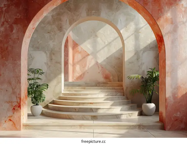 Modern Marble Staircase with Arches and Greenery