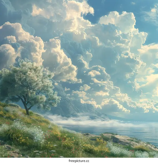 Serene Coastal Landscape with Majestic Cloudscape