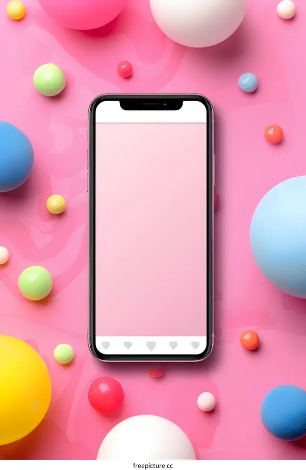 Pink Background with Smartphone and Colorful Balls