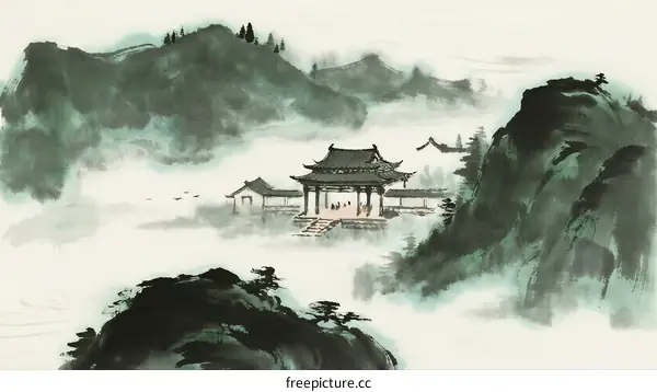Traditional Chinese Pavilion Amidst Misty Green Mountains Scenery