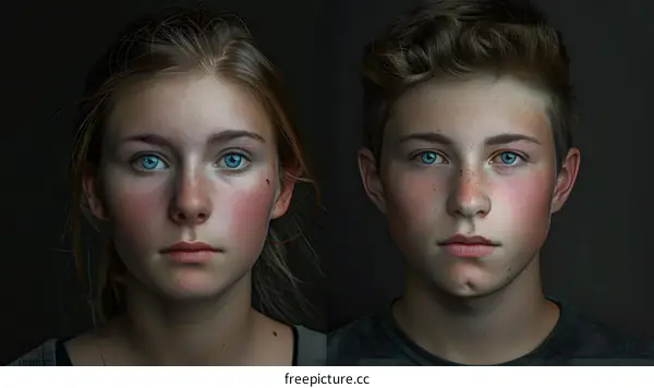 Portrait of a Young Boy and Girl with Blue Eyes