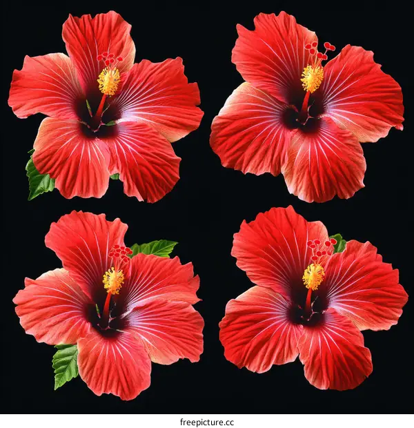 Four Vibrant Red Hibiscus Flowers on Black Background
