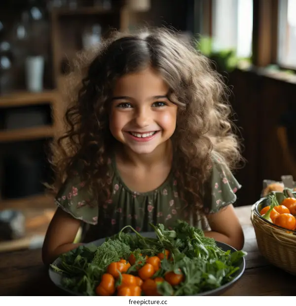 curly hair girl eating salad