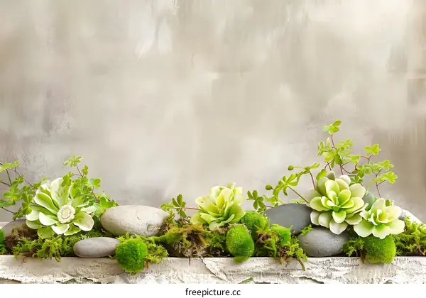 Green Succulents, Rocks, and Moss on a Grey Background