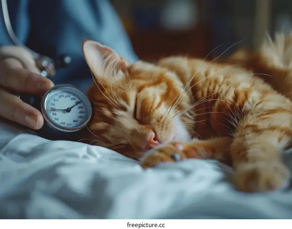 A veterinarian measures the blood pressure of a tabby cat