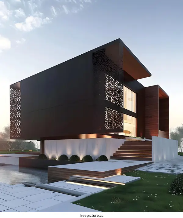 Modern House with Black Facade and Geometric Pattern