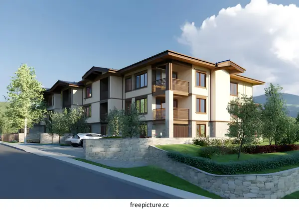 Modern Apartment Building with Stone Wall and Green Lawn