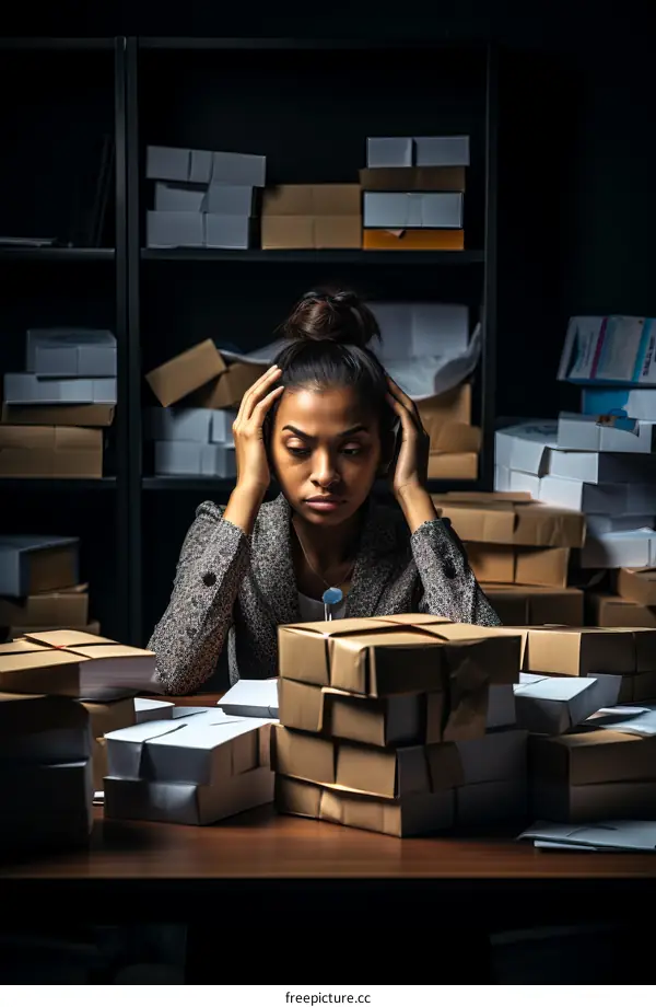 Frustrated businesswoman surrounded by stacks of cardboard boxes