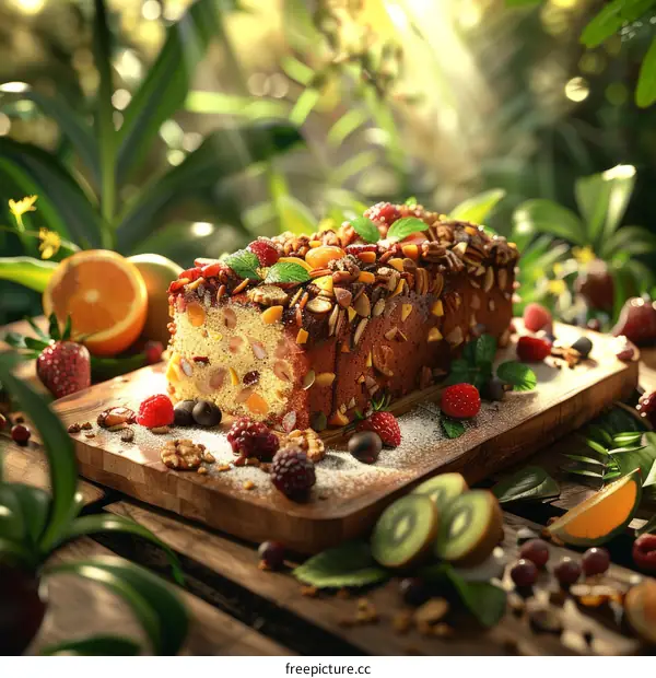 Close-up of a delicious homemade fruit and nut bread on a wooden table
