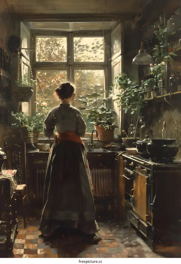 A woman standing in a kitchen looking out the window