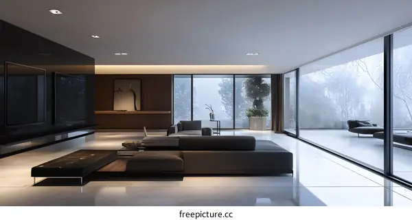 Modern Living Room Interior Design with Large Windows and View of Snowy Forest