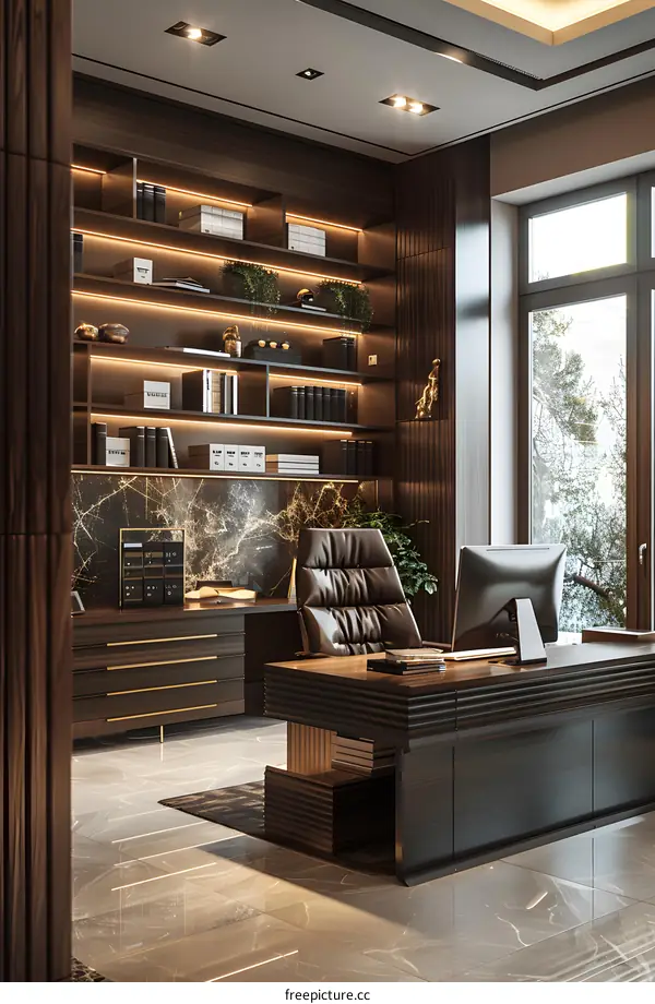 Modern home office interior design with dark wood, marble and leather