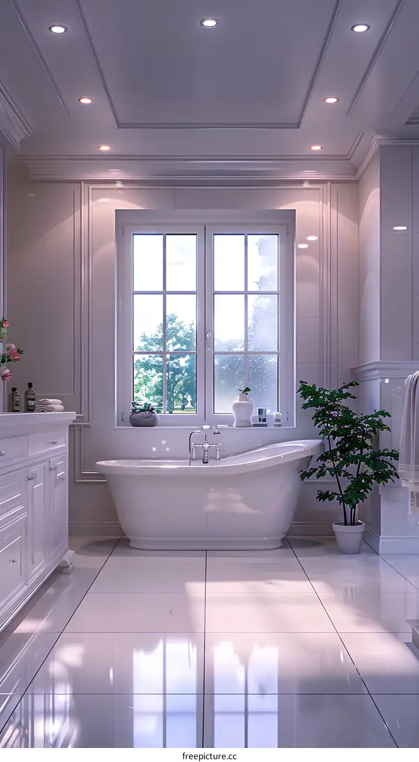 White Bathroom Interior Design With Bathtub and Window