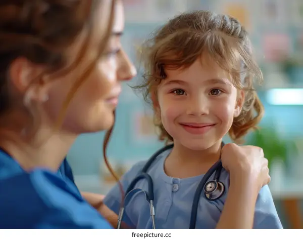 Little girl in blue uniform with stethoscope around her neck smiling with female doctor