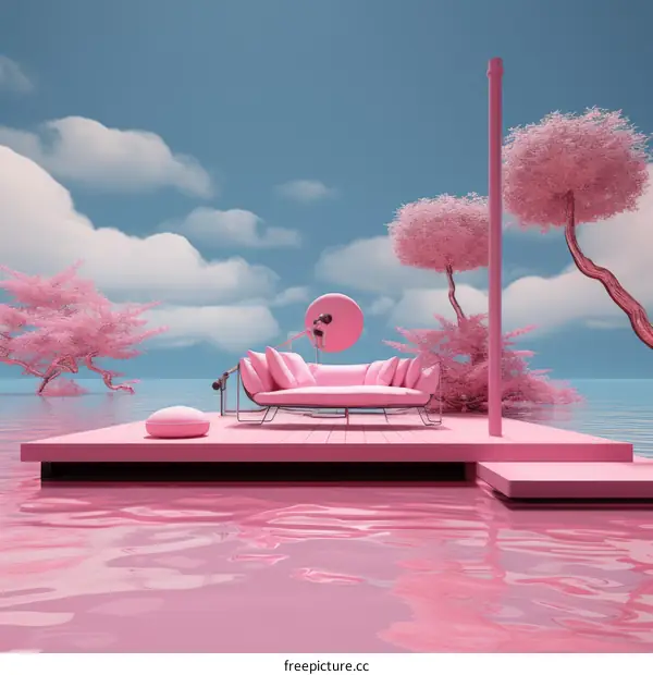 Pink Surreal Seascape with Platform and Couch