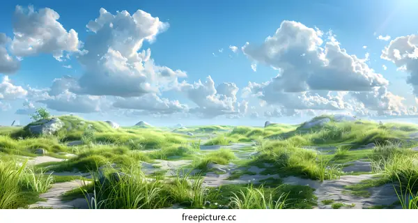 A Beautiful Green Grassland with Blue Sky and White Clouds