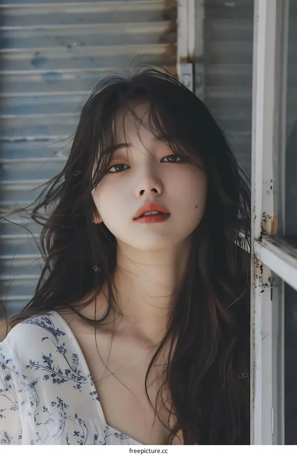 Beautiful Asian Woman with Long Black Hair Posing by Window