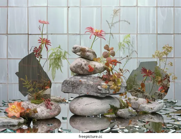 Still life with mirror and stones