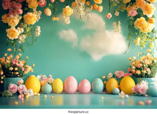 Easter Decor with Colorful Eggs and Flowers