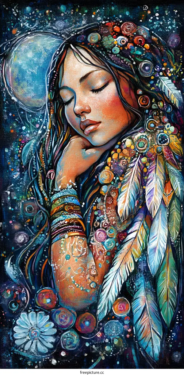 Woman with Feathers and Moon in a Dreamy Night Sky