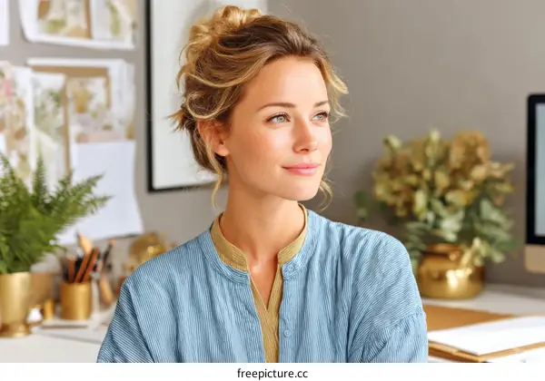 Thoughtful Woman in a Modern Workspace