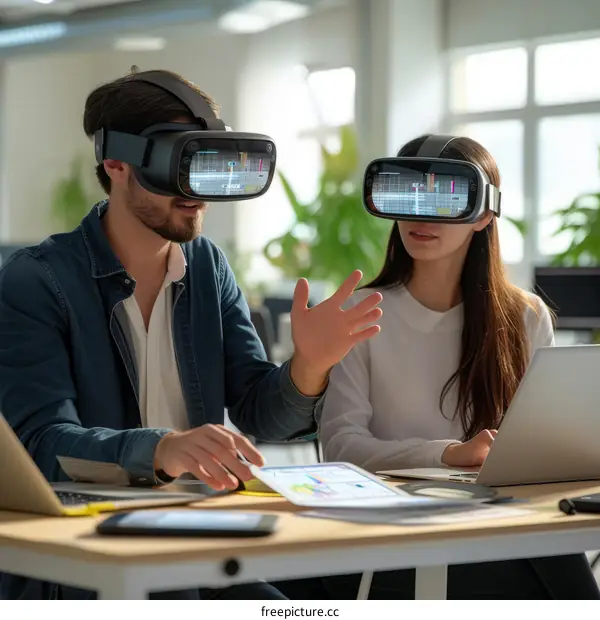 Two business people wearing virtual reality headsets work together on a project