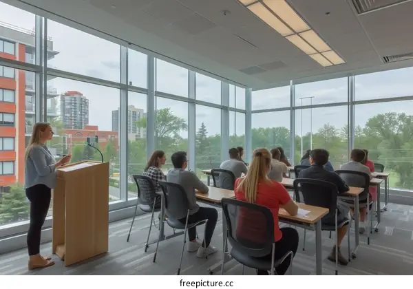 A female professor is giving a lecture to a group of students in a classroom.