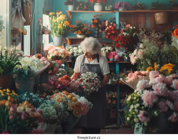 An elderly woman is working in a flower shop.