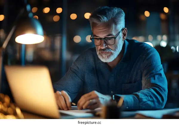 Focused Senior Man Working Late At Night on Laptop